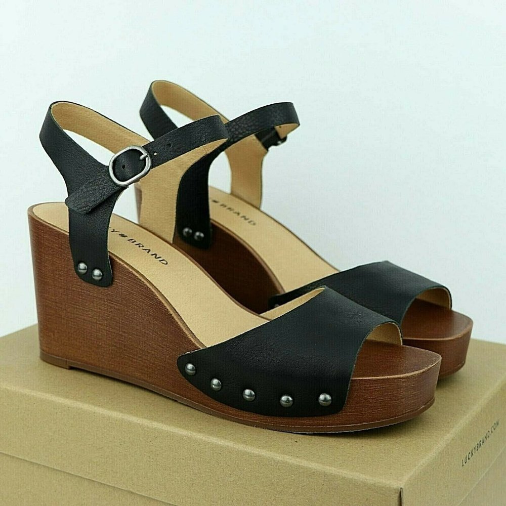 Lucky Brand ZASHTI Wedge Sandals Sz 9.5 Black